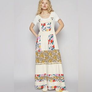 POL Mixed Print Patchwork Overall Dress in Oatmilk